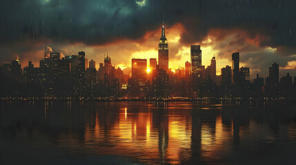 Naklejka premium Dramatic sunset over a city skyline with rain falling.