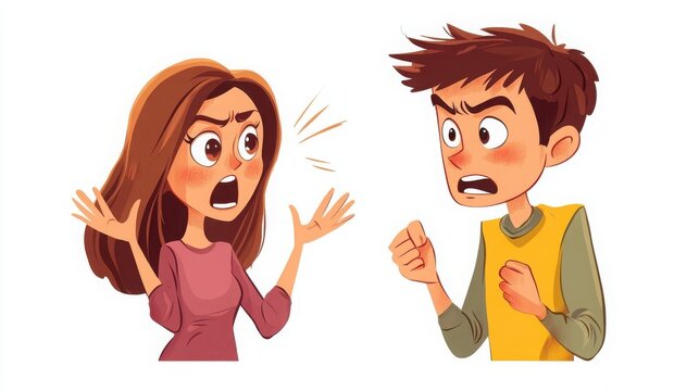 Characters expressing jealousy and anger in a relationship, with suspicious expressions and hostile gestures, white background 