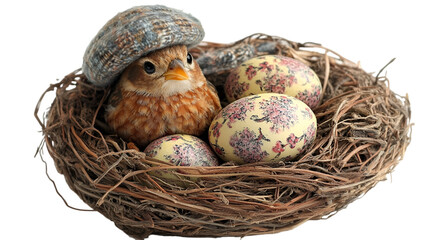 Obraz premium A bird sits in a nest containing eggs, wearing a whimsical hat, surrounded by twigs and leaves. 