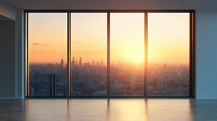Fototapeta premium A clean, sleek aluminum window frame in a modern apartment, offering a view of the city skyline at sunset, with warm light reflecting off the glass.