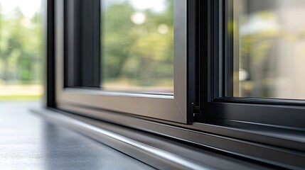A close-up of a black aluminum window frame with double-glazed glass, showing the sharp, precise lines of modern architecture.