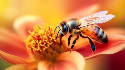 Fototapeta premium A close-up of a bee collecting nectar from a vibrant flower, showcasing nature's beauty and the importance of pollinators.