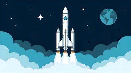 Fototapeta premium A colorful rocket launches into space, surrounded by clouds and stars, symbolizing adventure and exploration beyond Earth.