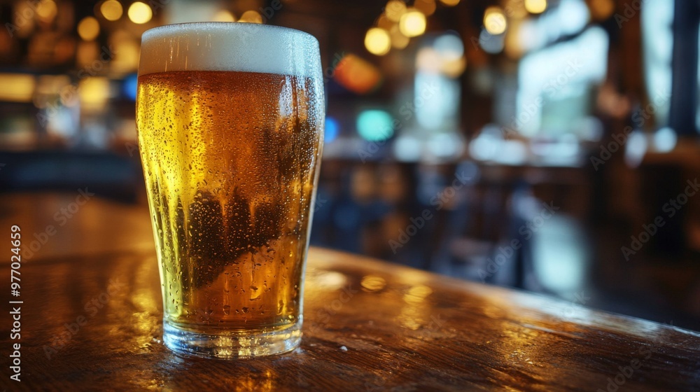 Poster a close-up of a frothy pint of beer with condensation on the glass, set on a wooden table, with a co
