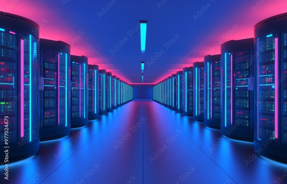 Poster an it working server room with rows of supercomputers. a 3d concept illustration of information tech
