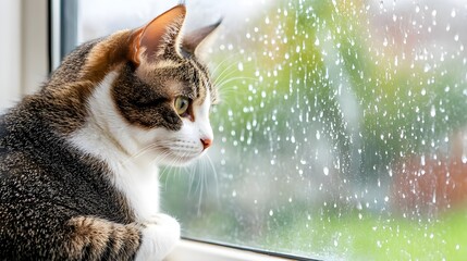 A curious cat gazes out a rain-soaked window, contemplating the world beyond in a tranquil moment of reflection.