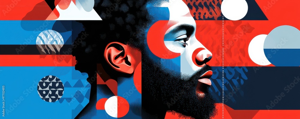 Poster vibrant illustration of a man with colorful geometric shapes and abstract patterns creating a dynami