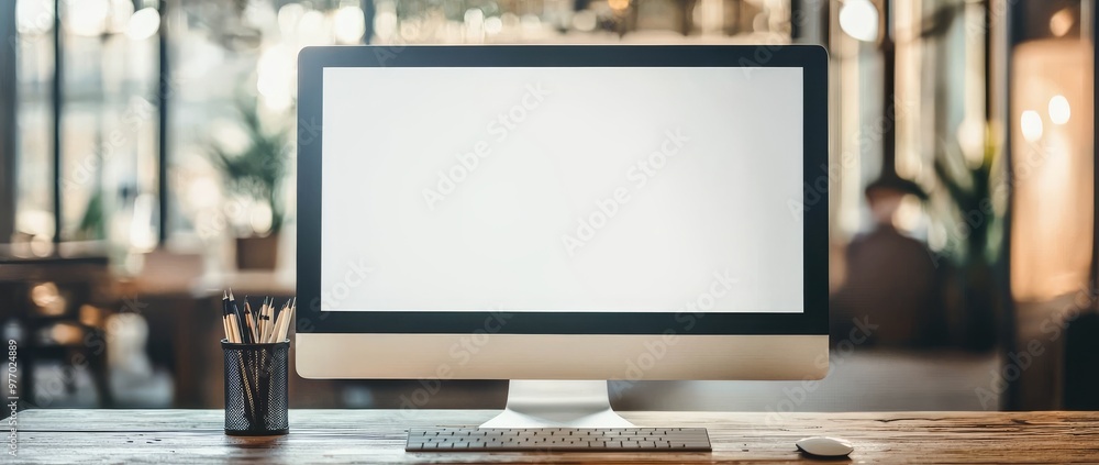 Aufkleber a computer with a blank screen on a white table in a modern office.