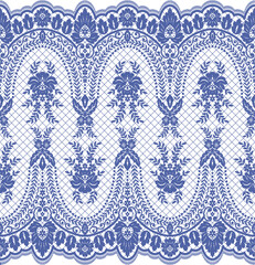 A decorative lace pattern in blue and white, featuring floral and geometric designs, ideal for textiles or backgrounds.