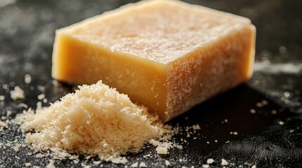 Naklejka premium A close-up of a parmesan cheese block, with fine crystals visible on the surface, next to a small pile of grated cheese.
