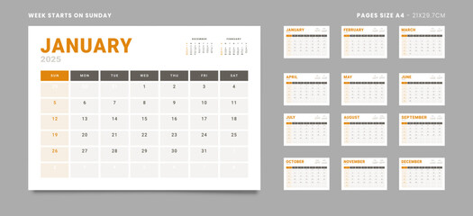 Set of 12 Pages Monthly Calendar Planner Templates on 2025 year. Vector mockup of a wall or desktop calendar with the week start on Sunday for print in grey and red color. Pages size Letter -8.5x11 in