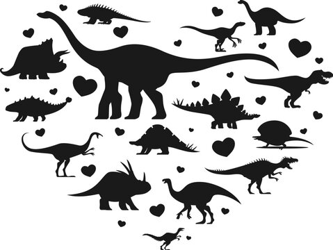 Prehistoric dinosaurs banner with heart shape and dino silhouettes, cartoon vector. Kids Jurassic park banner with prehistoric dinosaur lizards and reptiles of T Rex and velociraptor with hearts