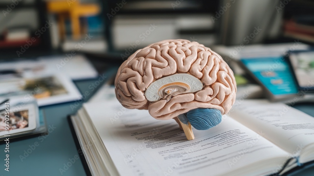 Poster a close-up of a human brain model, with intricate details visible and placed next to educational mat
