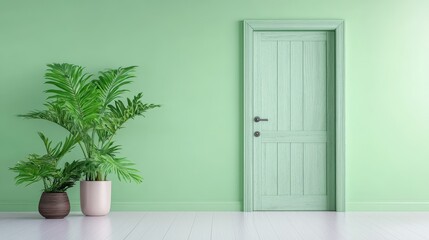 Green Room Interior Design with Wooden Door and Plants