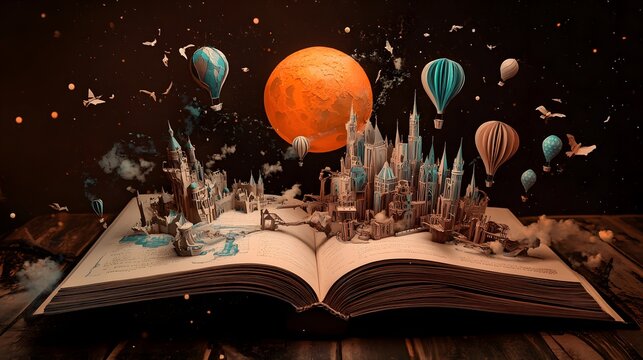 An open book with an intricate paper sculpture of a fantasy world coming to life, complete with floating balloons and castles