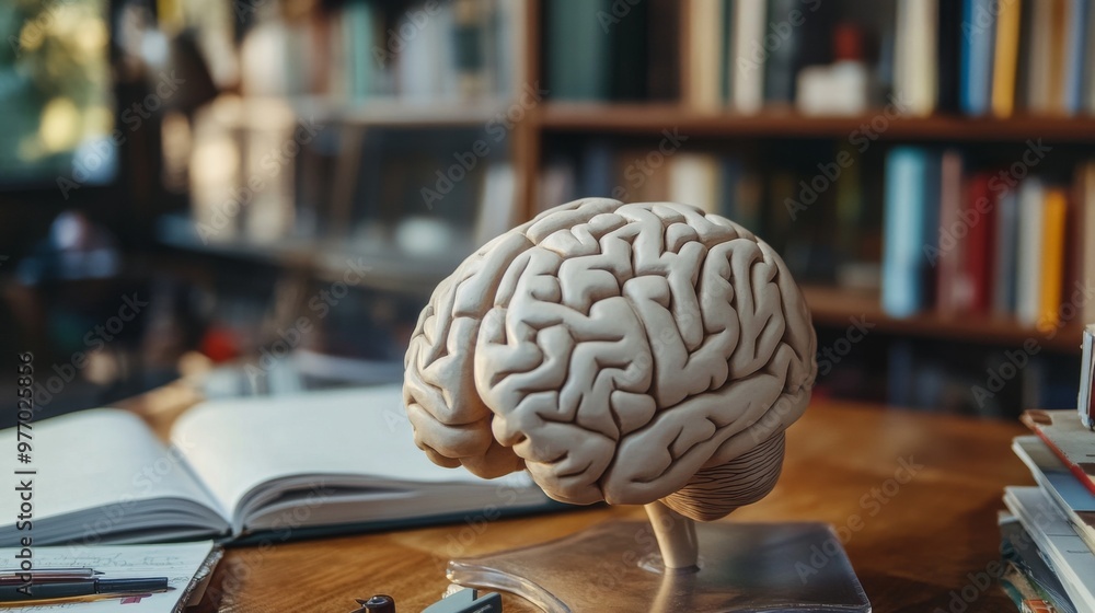 Poster a close-up of a human brain model, with intricate details visible and placed next to educational mat