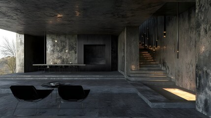 A modern, minimalist interior showcasing an elegant staircase and stylish seating in a spacious, concrete environment.