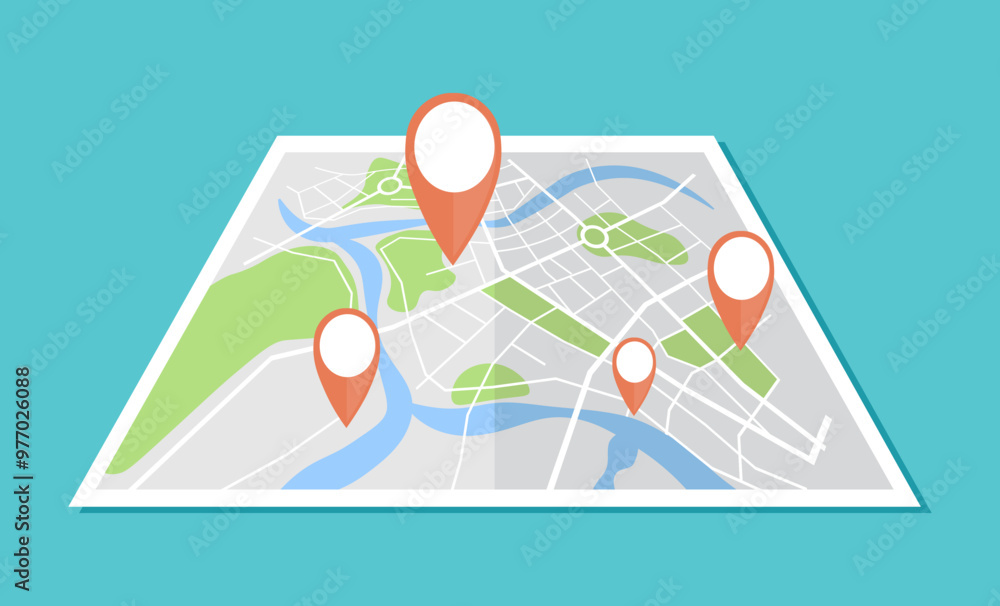 Aufkleber Paper map with red map pointers in a flat design