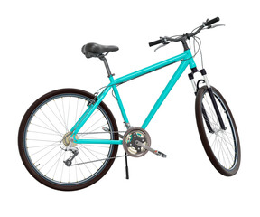 Blue green bicycle standing while leaning on kickstand, side view. Bike resting on kick stand. Png clipart isolated on transparent background