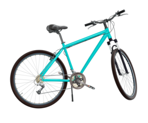 Blue green bicycle standing while leaning on kickstand, side view. Bike resting on kick stand. Png clipart isolated on transparent background