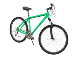 Green bicycle standing while leaning on kickstand, side front view. Bike resting on kick stand. Png...