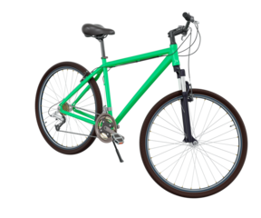 Green bicycle standing while leaning on kickstand, side front view. Bike resting on kick stand. Png clipart isolated on transparent background