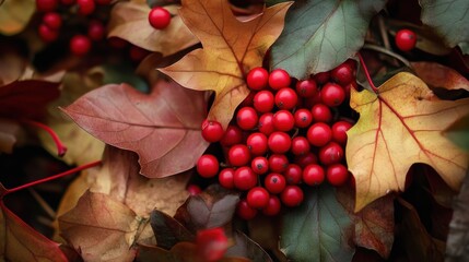 A close up of a bunch of red berries on some leaves, AI