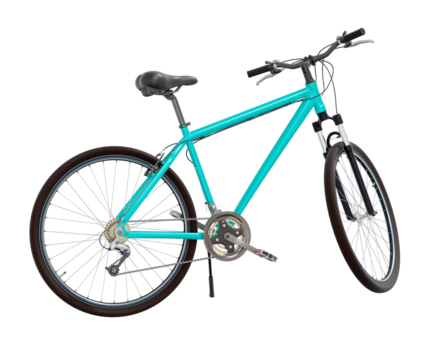 Blue green bicycle standing while leaning on kickstand, side view. Bike resting on kick stand. Png clipart isolated on transparent background