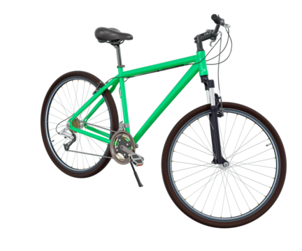 Green bicycle standing while leaning on kickstand, side front view. Bike resting on kick stand. Png clipart isolated on transparent background