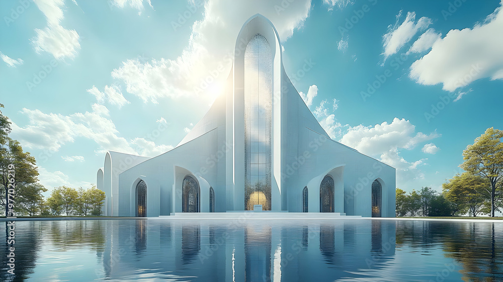 Poster Modern white building with arched windows and a reflecting pool in front.