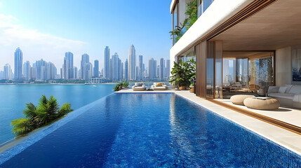 Fototapeta premium Modern villa with infinity pool overlooking a city skyline and the ocean.