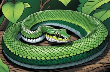 illustration of green snake close up on natural background