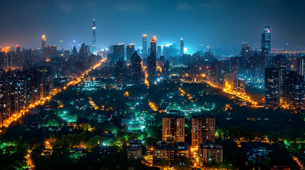Night aerial view of a city skyline with illuminated buildings and a large park in the middle.