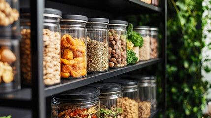 Aesthetic black pantry with transparent jars for storing food. The organization and storage concept. Generative AI