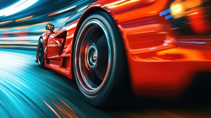 Fototapeta premium A close-up of a sports car's spinning wheel in motion, with the blurred background showing speed and precision.