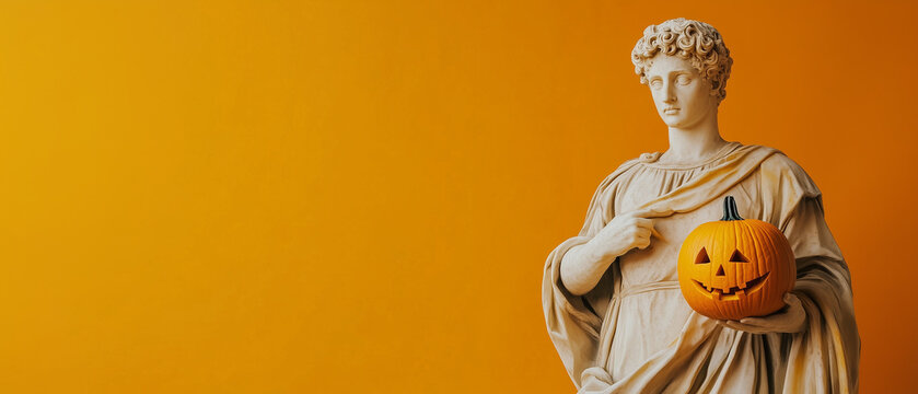 Ancient Greek statue holding a Halloween pumpkin, orange background, copy space