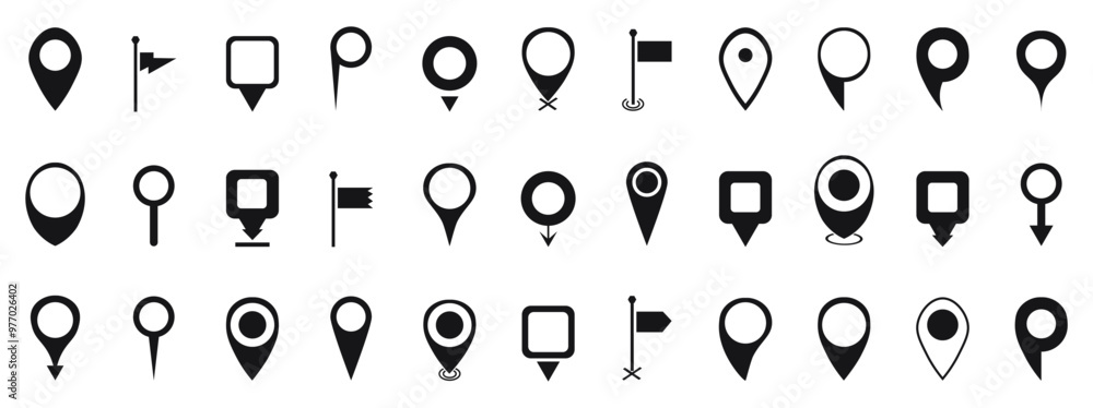 Poster Set of black map pointer icons. Location pin icons collection