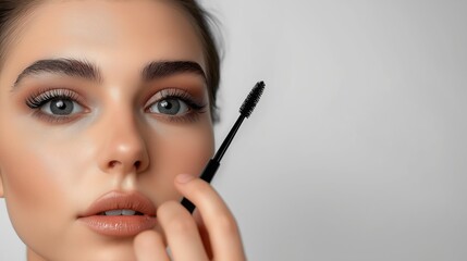 Obraz premium Makeup artist applying mascara on eyelashes of young woman, closeup, copy space