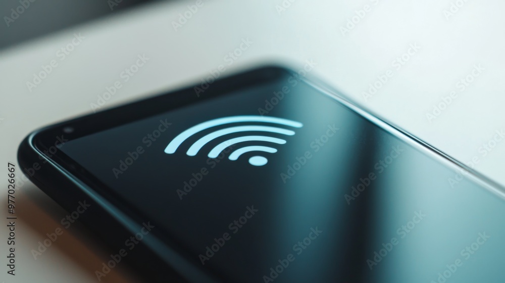 Poster a close-up of a modern smartphone displaying a strong wi-fi signal icon, with a clear, clean backgro
