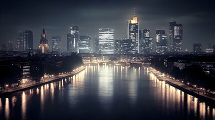 Fototapeta premium Night view of a city skyline with skyscrapers and a river.