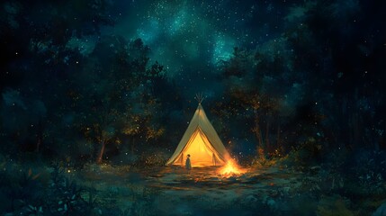 A serene campsite under a starry night sky, featuring a glowing tent and a warm campfire surrounded by trees.