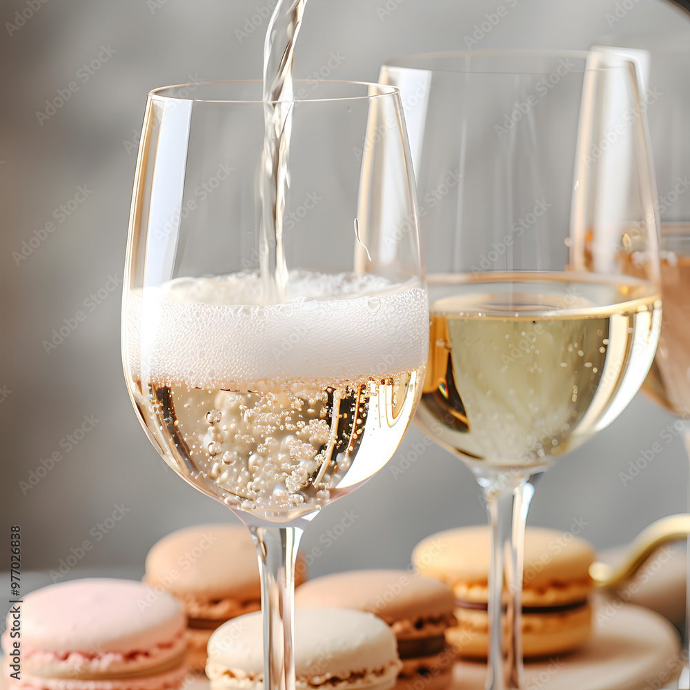 Wall mural two wine glasses being filled, accompanied by macarons and a golden spoon on a wooden surface.