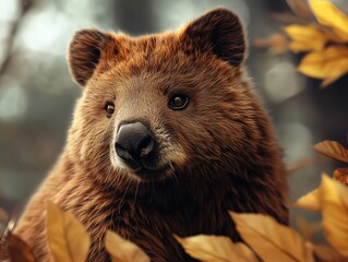 Fototapeta premium Close up portrait of Wombat, Vombatus ursinus, in an autumn forest