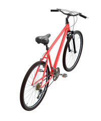 Red bicycle, top back view. Black leather saddle and handles. Png clipart isolated on transparent background