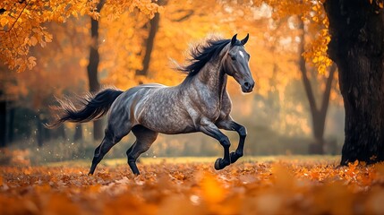A magnificent horse gallops through the vibrant autumn leaves.