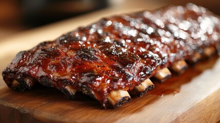 A close-up of a mouthwatering rack of pork ribs, with a caramelized glaze and visible seasoning, placed on a wooden cutting board ready for serving.