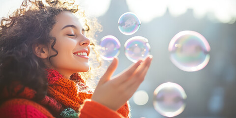 Young woman smile and blow soap bubbles on background with copy space