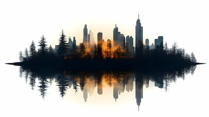 Obraz premium Silhouette of a city skyline with a forest in front, reflecting in a still body of water at sunset.