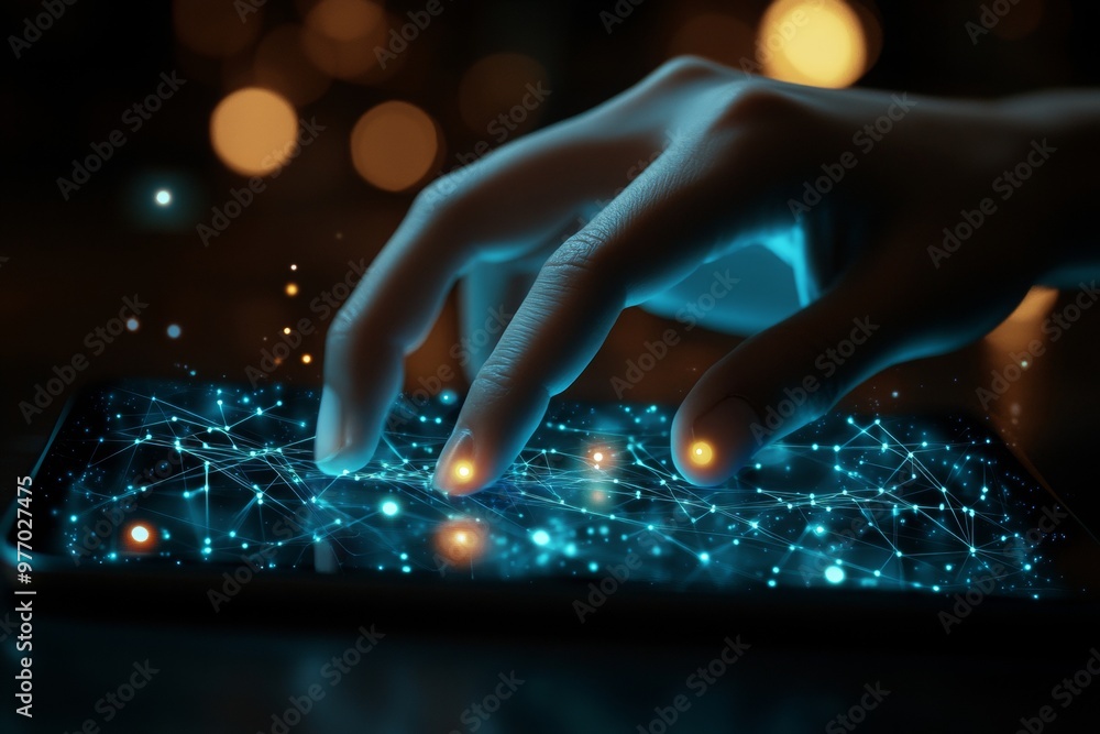 Poster modern image of a hand interacting with a sleek touchscreen device, such as a tablet or smartphone.