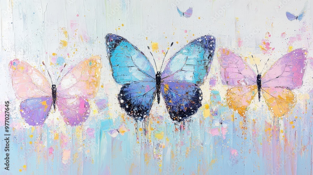 Wall mural abstract oil painting of colorful butterflies on a light blue background